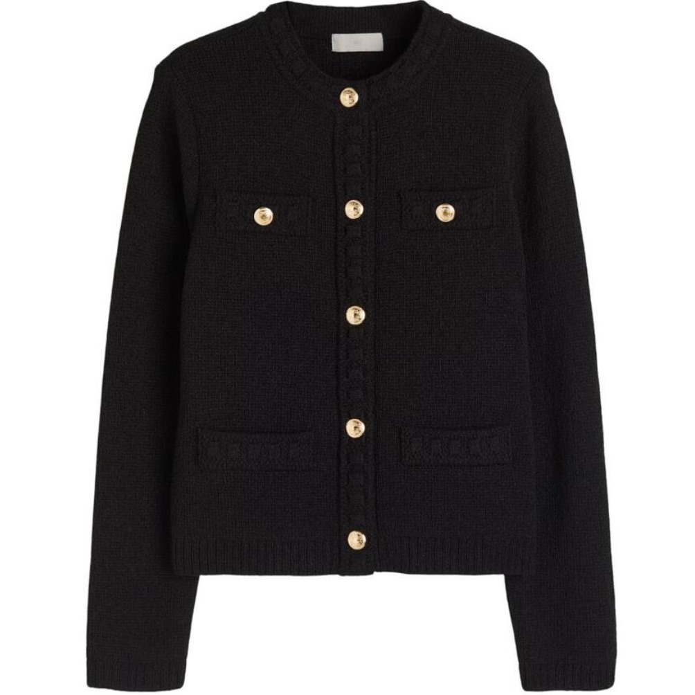 H&M Textured Knit Cardigan Sweater Black S Preppy Twee Academia Gold Buttons Nwt